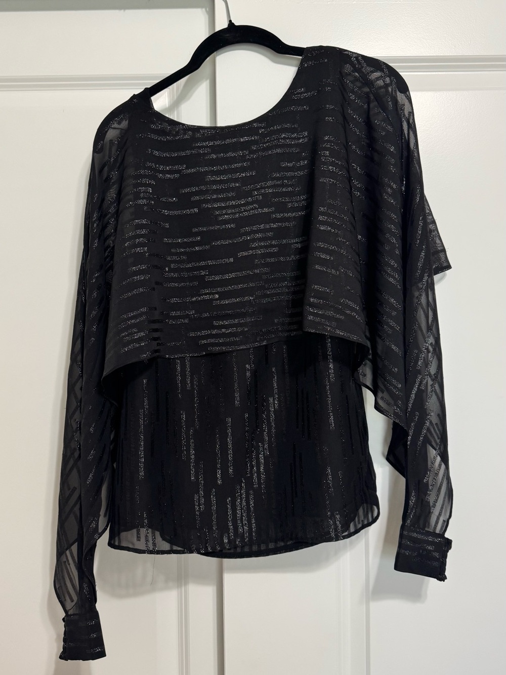 DKNY Black Sheer Blouse with Silver Sparkle Stripes